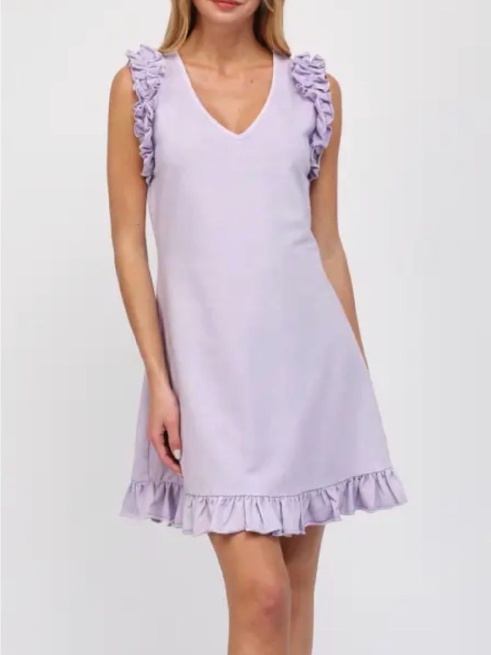 Fate Sleeveless V-Neck Ruffle Mini Dress in Lilac
